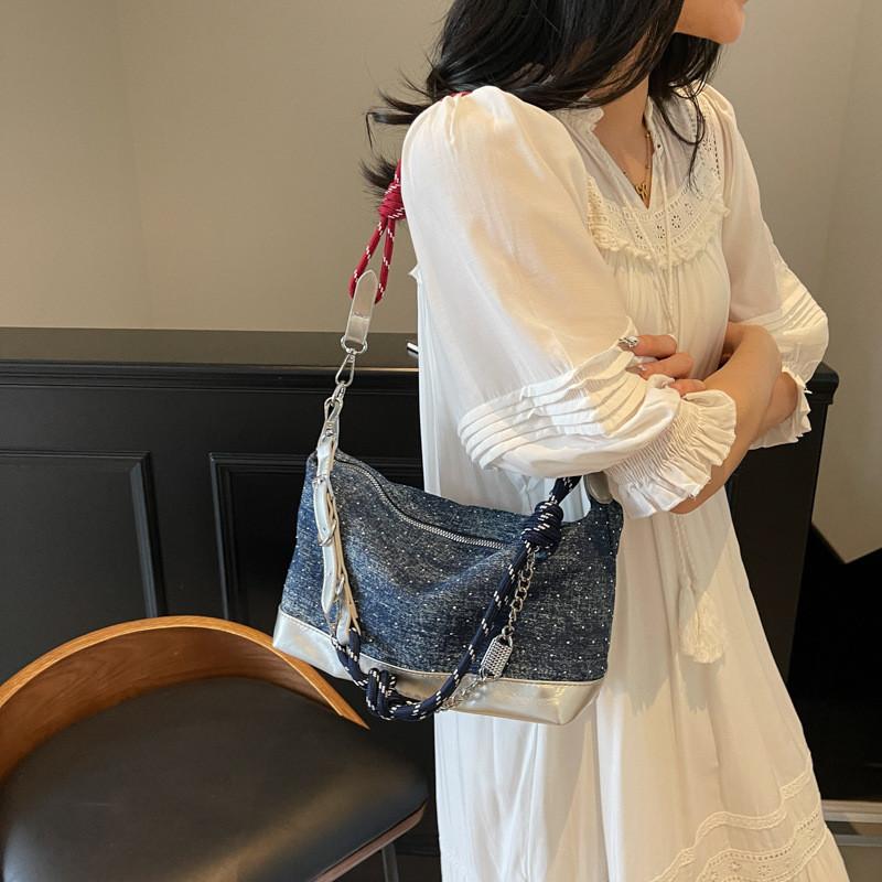 IELGY Denim Fashion Commuter All-Match Cross-Body Casual Stitching Shoulder Bag