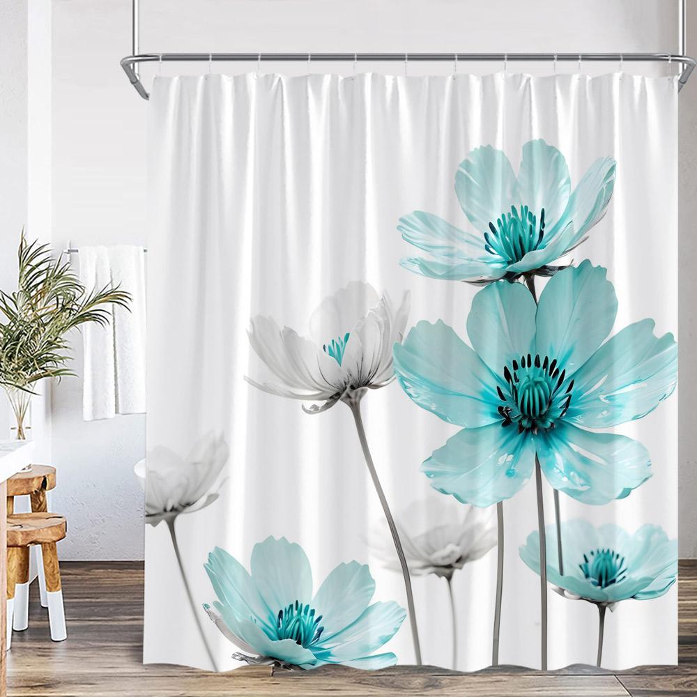 Watercolor Floral Shower Curtain Colorful Flower Blossom Butterfly Plants Bathroom Decoration Modern Bathtub Curtain with HooksW