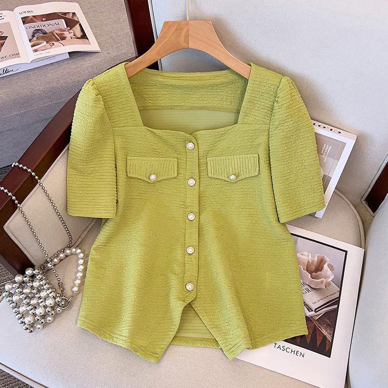 

Summer New Stylish Square Collar Blouse Solid Color All-match Women s Clothing Short Sleeve Commute Folds Button Elegant Shirt 4XL зелёный