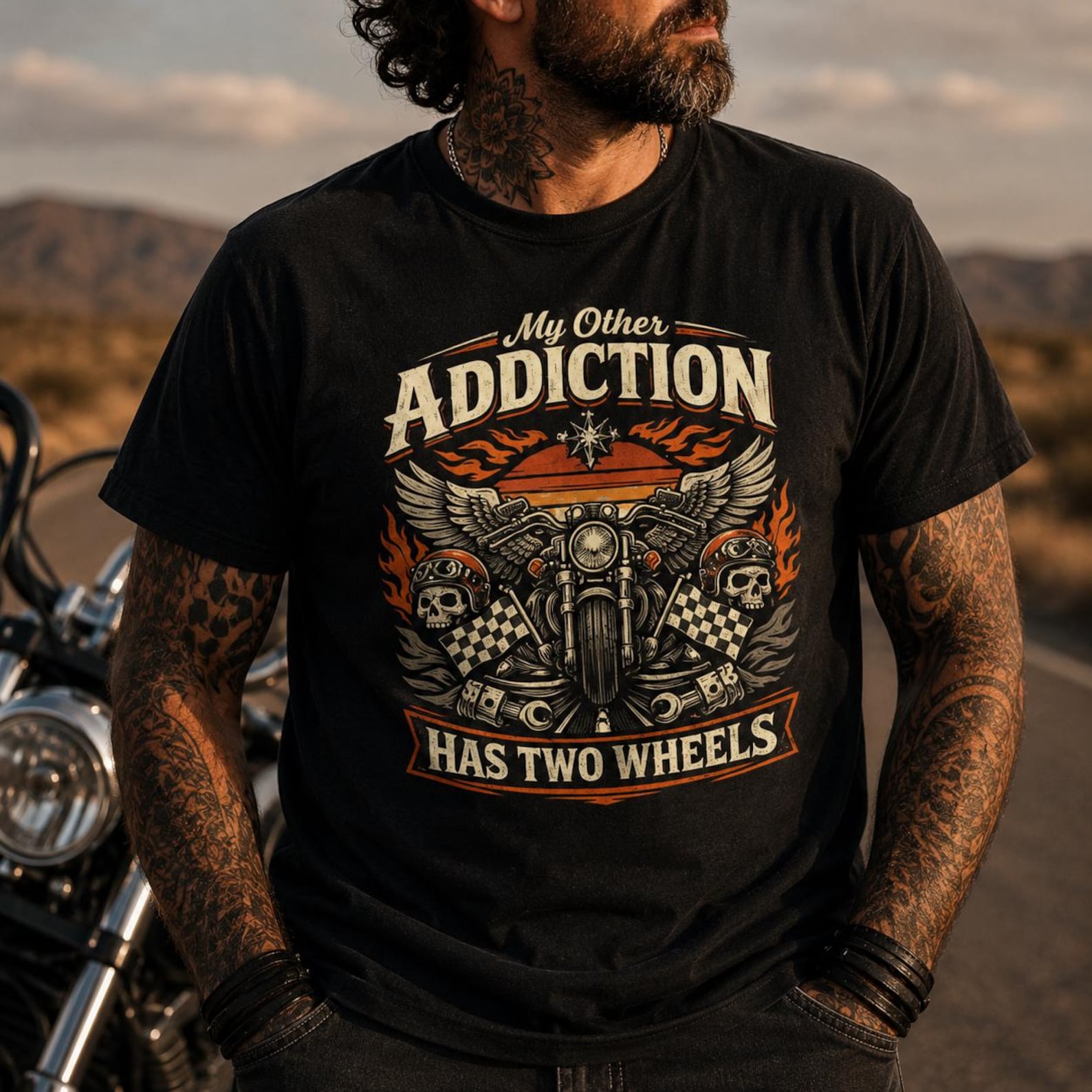 My Only Addiction Has Two Wheels Shirt, Funny Motorcycle Rider Tee, Vintage Biker Graphic T-Shirt, Biker Gift XL