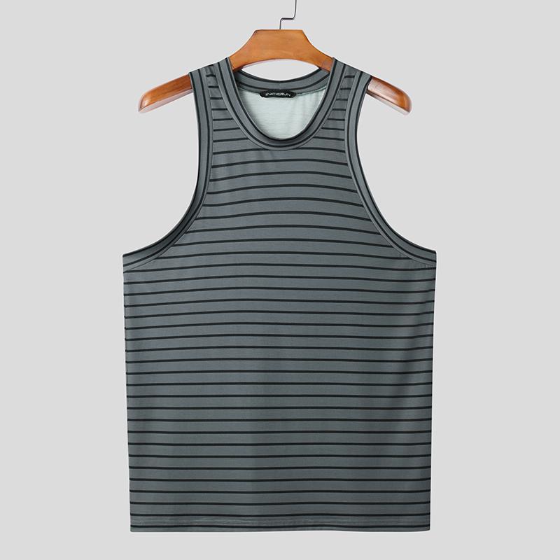 

INCERUN Men Sleeveless Striped Print Casual Loose Tank Tops XL серый