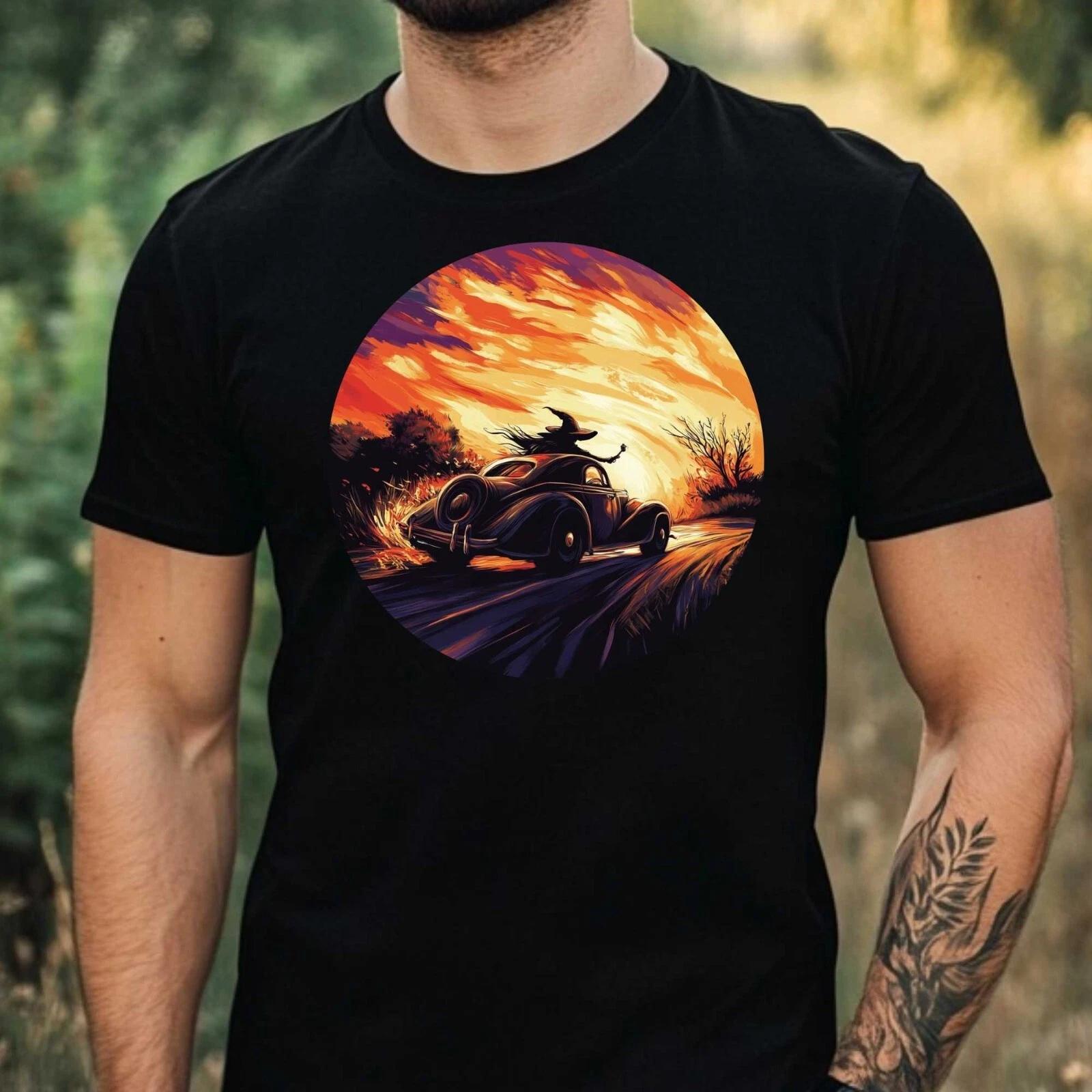 T-Shirt Herren Hexe fährt Auto Motiv Baumwolle Größe XS bis 5XL XXL