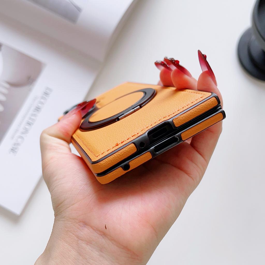 360 Rotating Aluminum Folding Kickstand PU Leather Phone Case for Samsung Galaxy Z Fold 7 6 5 4 Wireless Charging Magnetic Cover