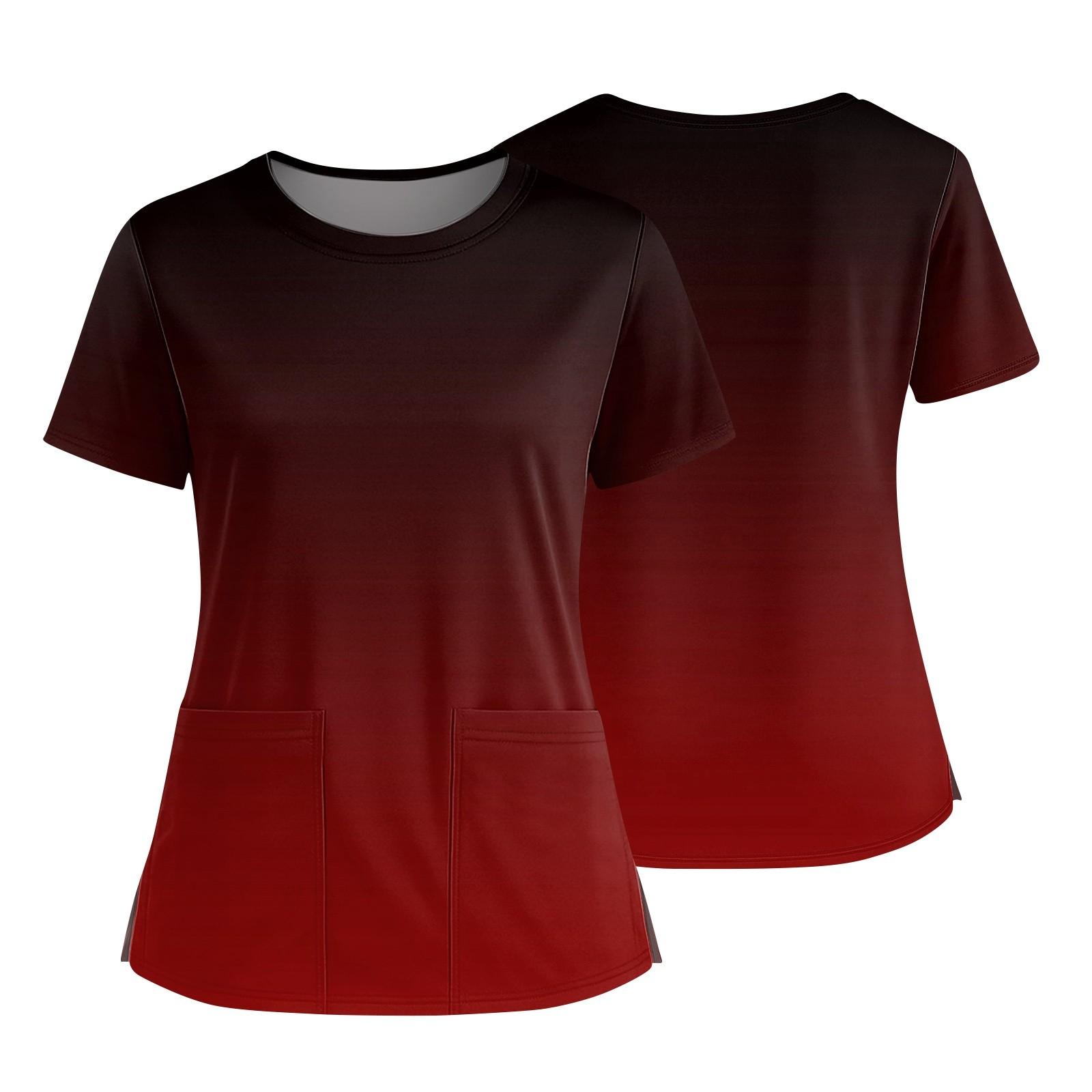 

Женская модная футболка с принтом, круглым вырезом, карманом, короткими рукавами и разрезом по низу, униформа и рабочая блузка XL винный