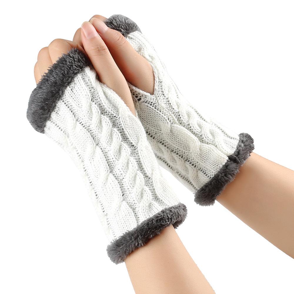 Solid Color Knitting Fingerless Plush Gloves Arm Warmers Thicked Gloves Autumn Winter Mittens For Adult