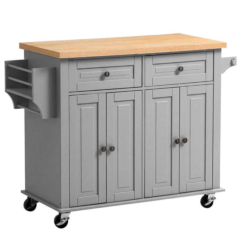 Kitchen Island Cart with Storage, 1110 mm Wide Mobile Rolling Storage Island on Swivel Wheels, with 2 Drawers, Storage Cabinet, Spice/Towel Rack,