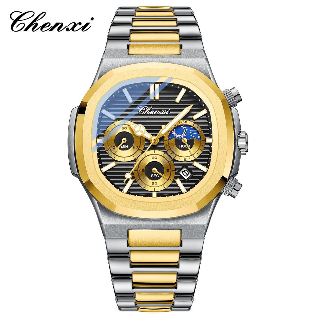 2025 Luxury Watch Men Business Fashion Waterproof Stainless Steel Chronograph Moon Phase Quartz Wristwatch Male Clock