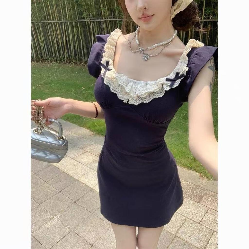 2026 Summer New French Splicing Spice Girl Small Flying Sleeve Lace Lace Dress Nothing Pure Desire A Word Skirt