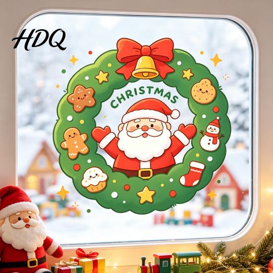 Festive Home Decoration Christmas Santa Claus Wreath Window Cling Cartoon Static Sticker PVC Indoor Outdoor Ornaments Waterproof Glass Decal