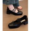 French retro cross-strap horse thick heel Lizhen shoes women's 2025 new square head light mouth bow small leather shoes