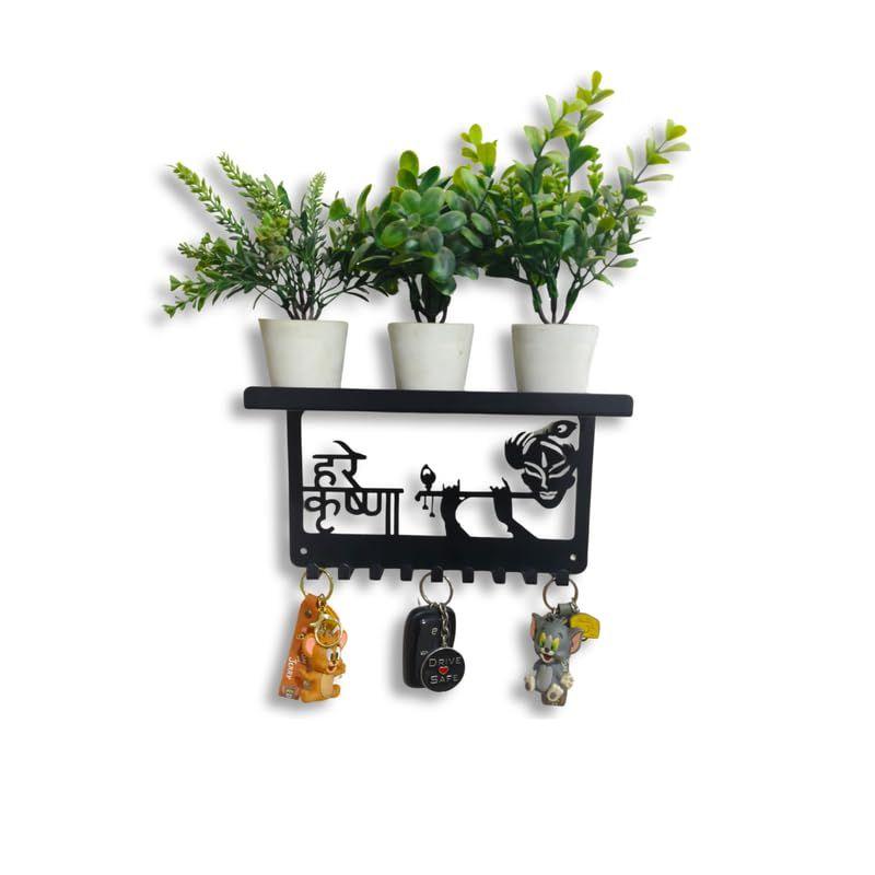 MEET DECOR Metal Key Holder with Shelf/Mobile Stand | 9 Hooks Wall Mounted Key Rack | Black Powder Coated Krishna Flute Design чёрный