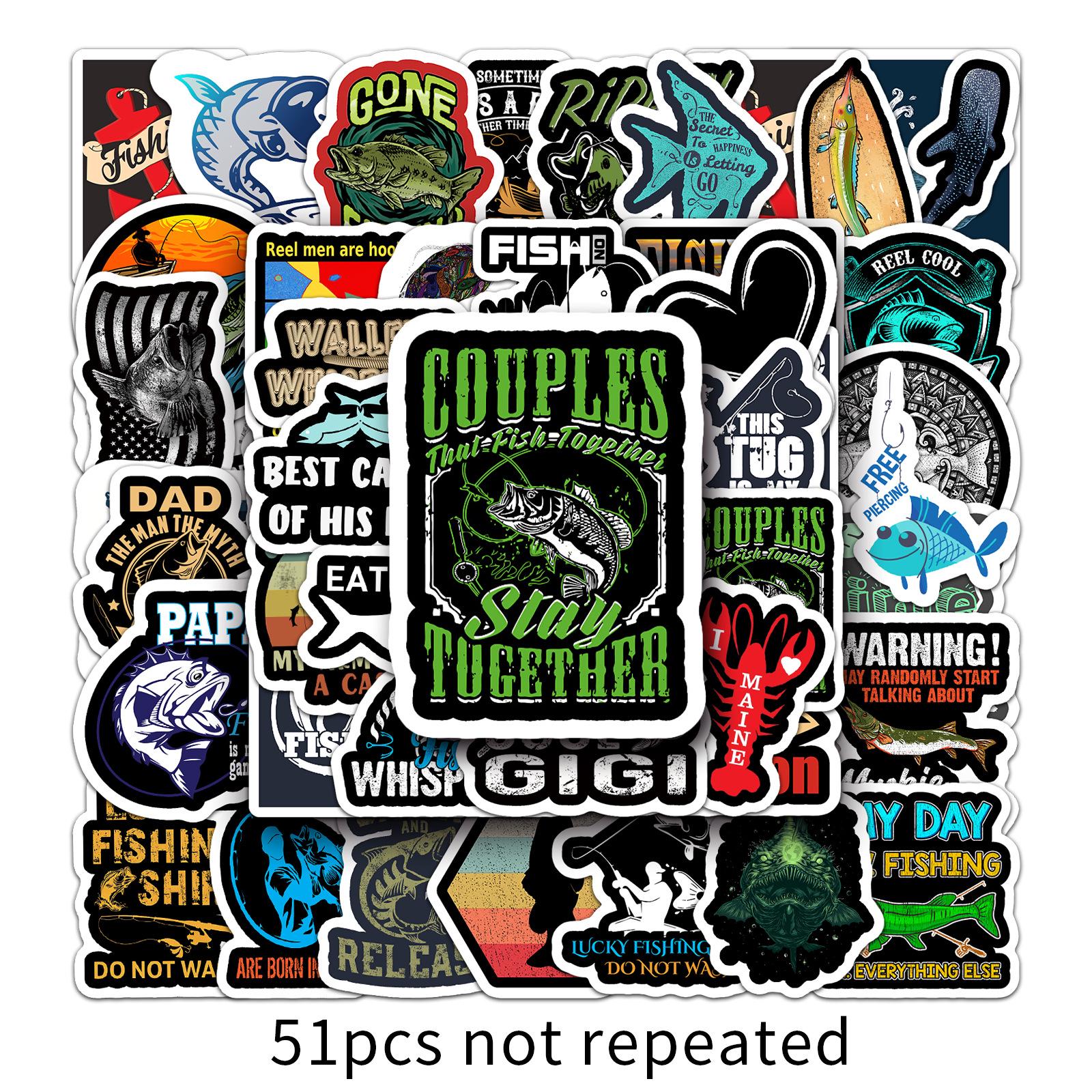 51-Piece Waterproof Fishing Cartoon Stickers for Suitcases, Laptops, and Cars