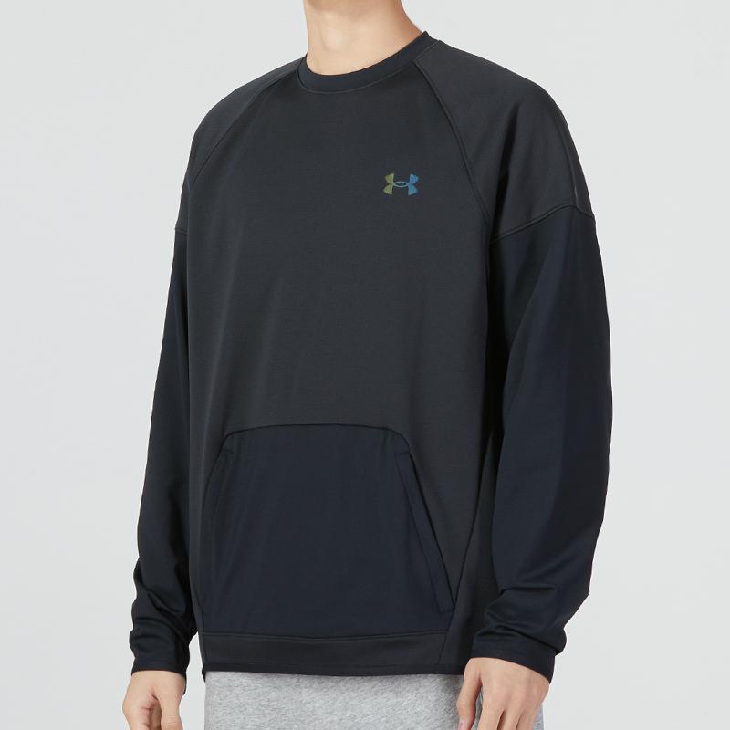 Under Armour Rush All Purpose Crew Solid Logo Print Sports Casual Round Neck Pullover Long Sleeve Sweatshirt Men Sweatshirt Black 1376293-001