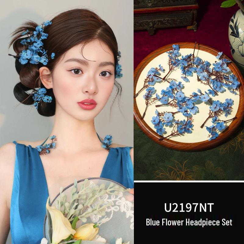 Blue Flower Bridal Headpiece - New Chinese Mori Style for Morning and Evening Gowns