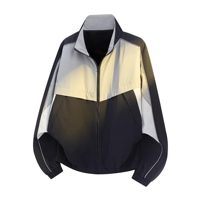 Men's Color Block Windbreaker Jacket, Stand Collar Zip-Up Track Jacket with Reflective Stripes, Casual Lightweight Outerwear for Spring & Autumn