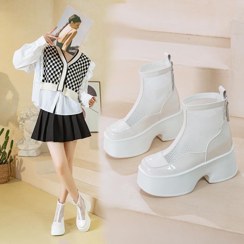 Leather Mesh Martin Boots Women's Thick Soles 2025 New Summer Hollow Breathable Mesh Boots Women's Heightening Boots Short Boots