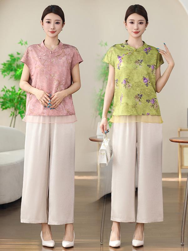 Summer Casual Chinese Style Suit: Diagonal Lapel Top with Frog Buttons for Middle-Aged Women - Lightweight Two-Piece Set