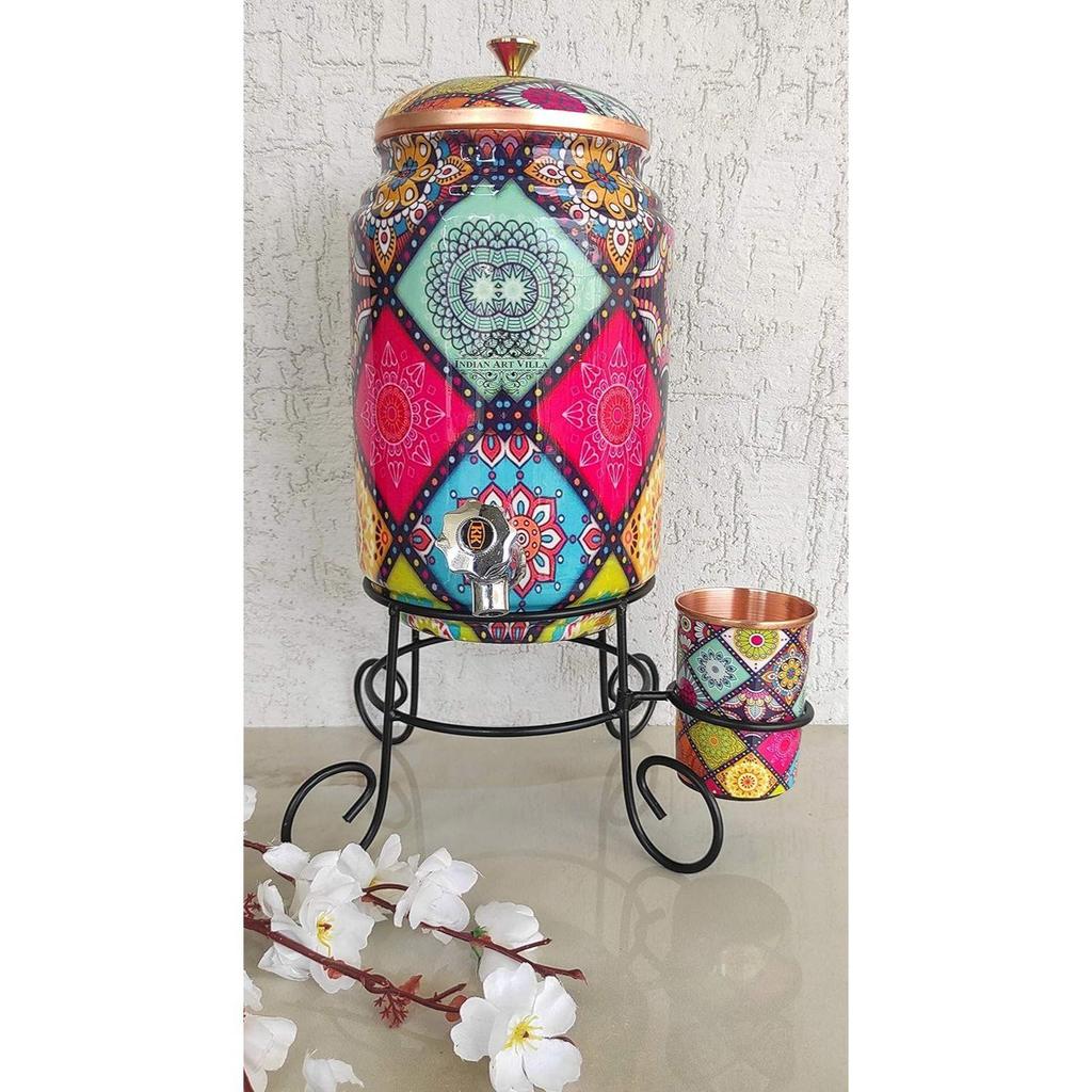 Pure Copper Colorful Diamonds Printed Design Water Pot Heavy Gauge with Brass Tap & Copper Glass & Stand, Storage & Serving Water, Volume- 5 Liters