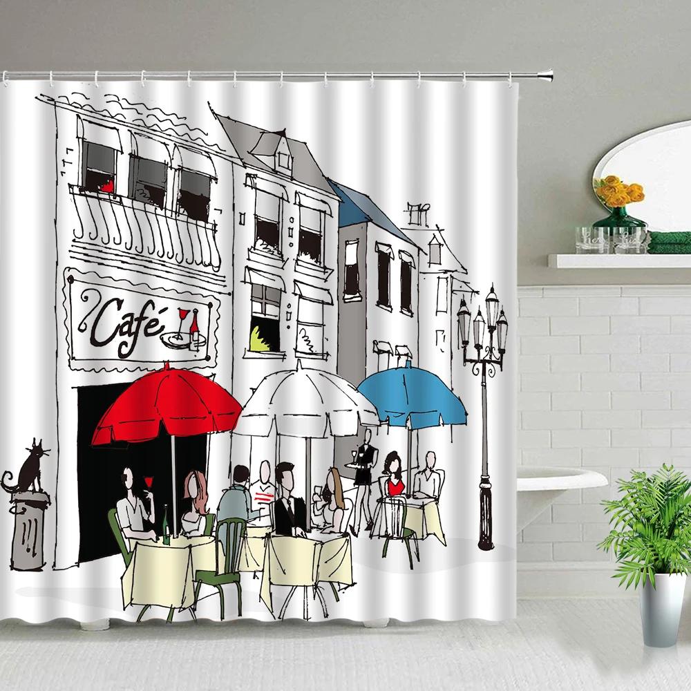 Paris Street Scenery Black And White Design Red Tram Bathroom Shower Curtain Waterproof Bathtub Home Decor Background Curtains