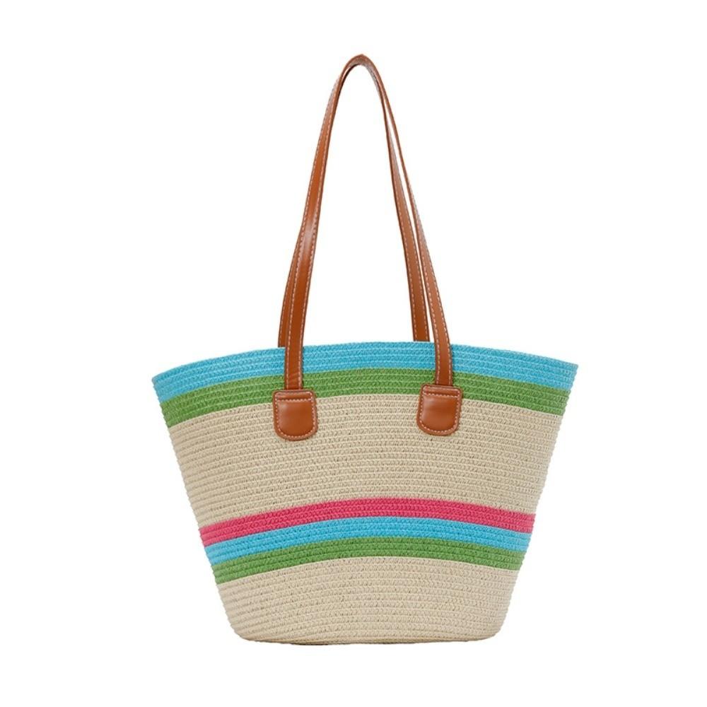 Large Capacity Stripe Woven Tote Bag Polyester Summer Beach Handbag Shopping Straw Bag  School