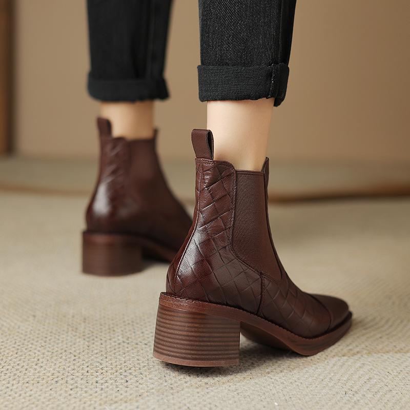 2024 Autumn Boots Women Genuine Leather Shoes for Women Pointed Toe Ankle Boots Chunky Heel Shoes Western Boots Platform Shoes