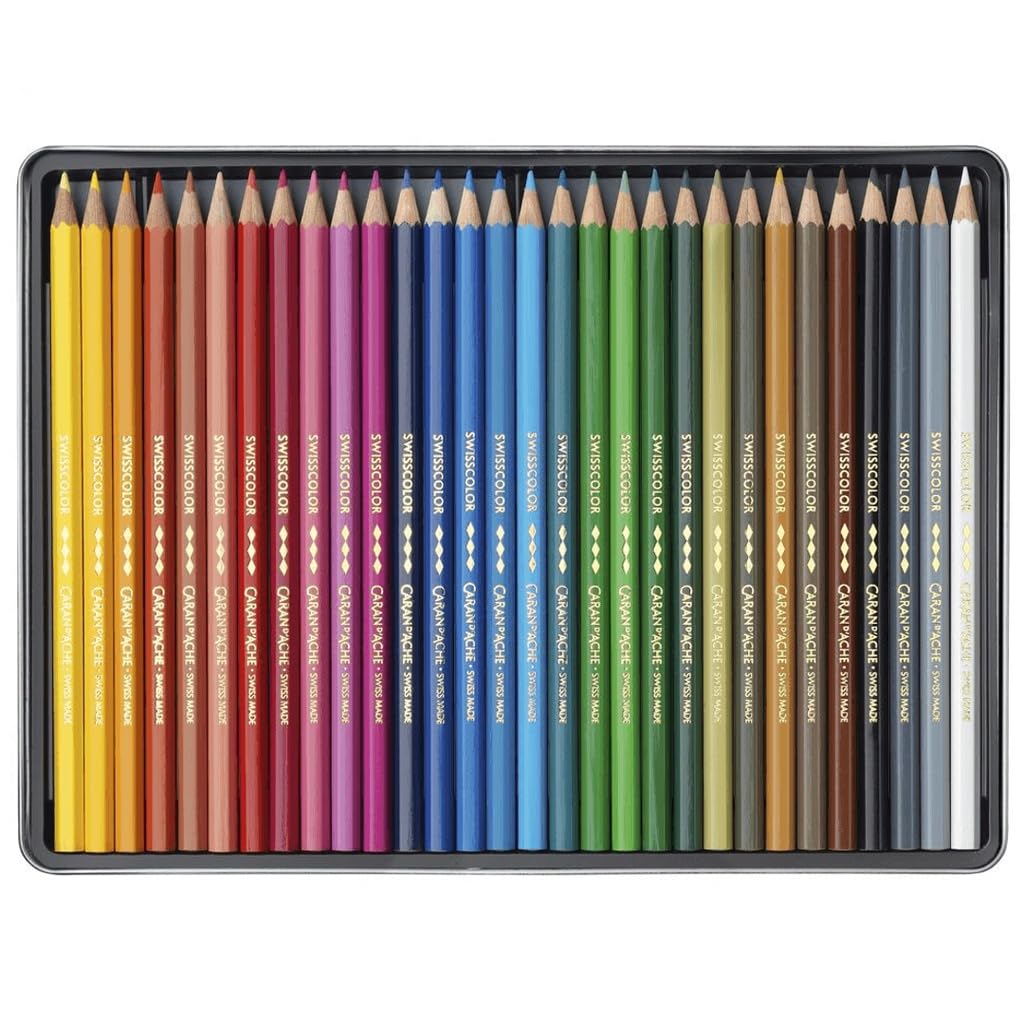 CARAN D'ACHE Swiss Color Oil-Based Colored Pencils 1284-730, 30 Colors, Metal Tin, Officially Imported