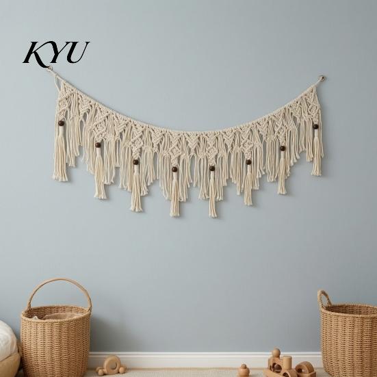 Small Window Treatment Boho Garland Wall Hanging with Wooden Beads, Hand Woven Cotton Tassel Banner, Handmade Tapestry Nordic Tapestry, Bohemian Decor