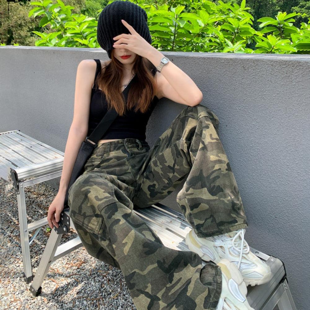 American high street hiphop hip hop camouflage overalls jeans children straight wide leg casual trousers