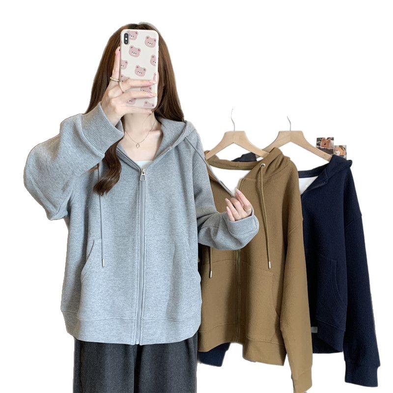 Women's Gray Hooded Sweatshirt: Early Spring 2025 Korean Style Lazy Petite Cardigan Top