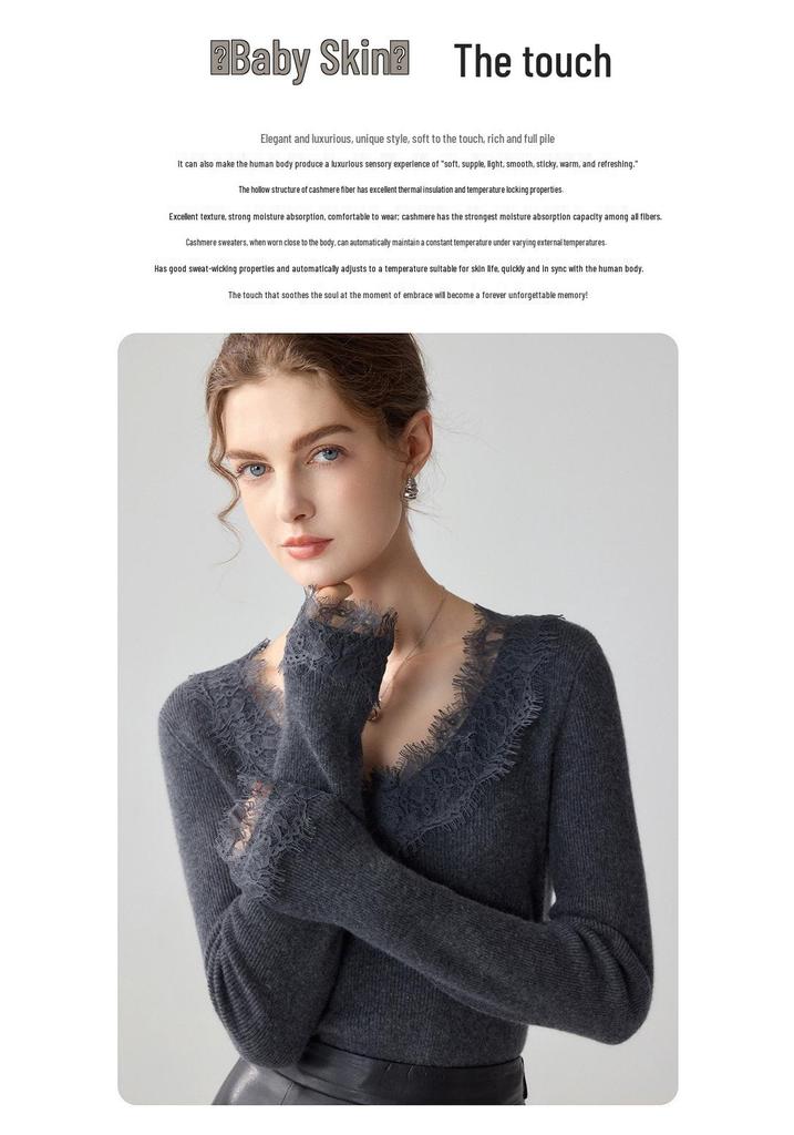 Suéter Feminino 100% Caxemira Pura com Gola V e Acabamento em Renda, Manga Longa, Malha de Corte Justo para Outono e Inverno