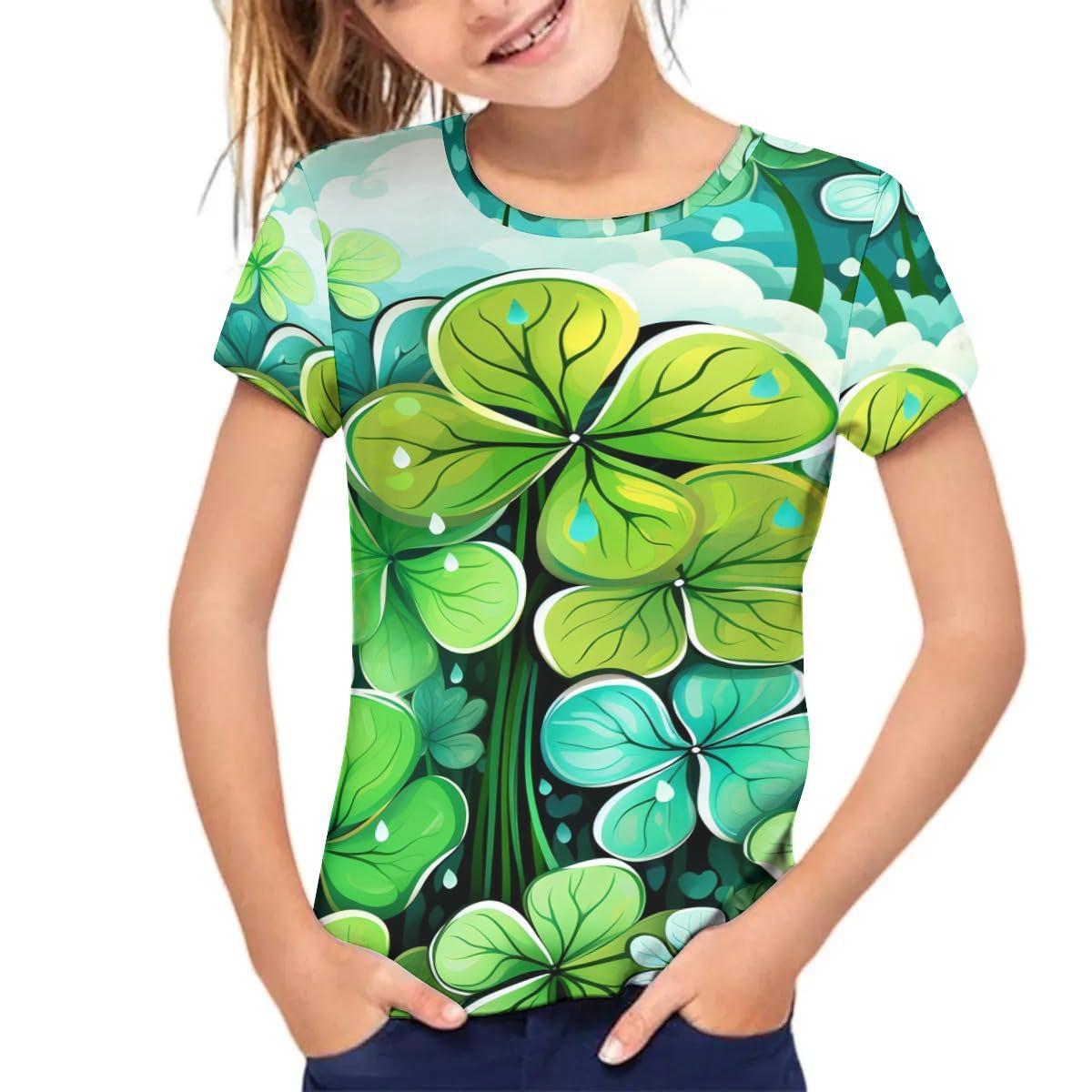 

Детская футболка с коротким рукавом свободного кроя, топы для девочек, маленький свежий дизайн, узор «четырехлистный клевер», новинка 160cm