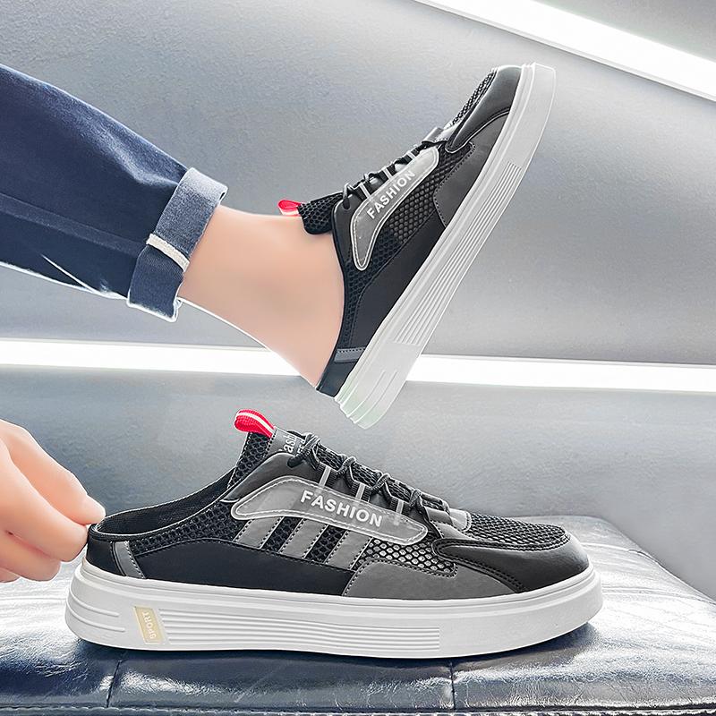 Black Mesh Half Shoes For Men Lace Up Mules Male Sandals Summer Backless Loafers Slippers Man Slides 2025 Casual Driving Shoes