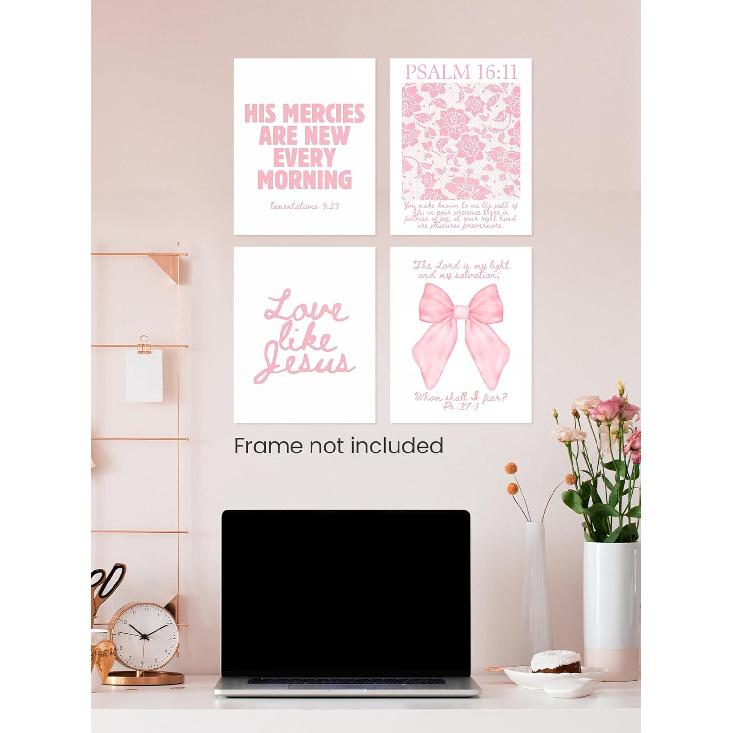 FGFK Girly Pink Christian Wall Art Prints Set of 4, Lamentations 3:23 Psalm 16:11 Psalm 27:1 Bible Verse Preppy Posters Pictures Wall Decor for Girls