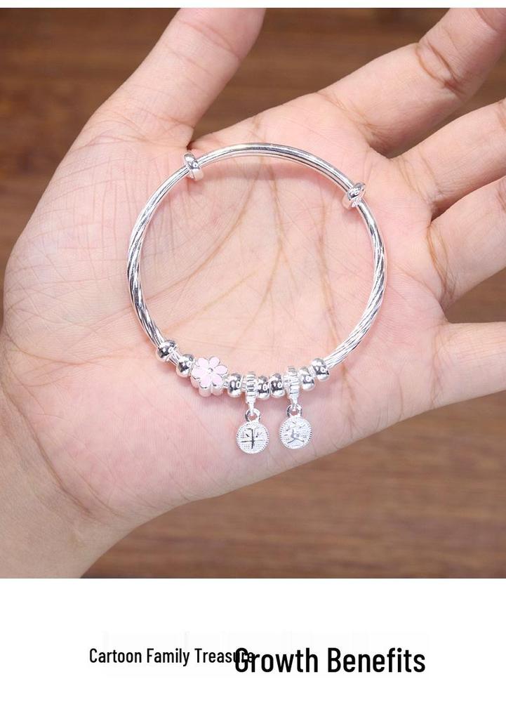 Sterling Silver Flower Peace Push-Pull Bracelets for Kids - Solid Enamel Design, Medium & Large Sizes Available.