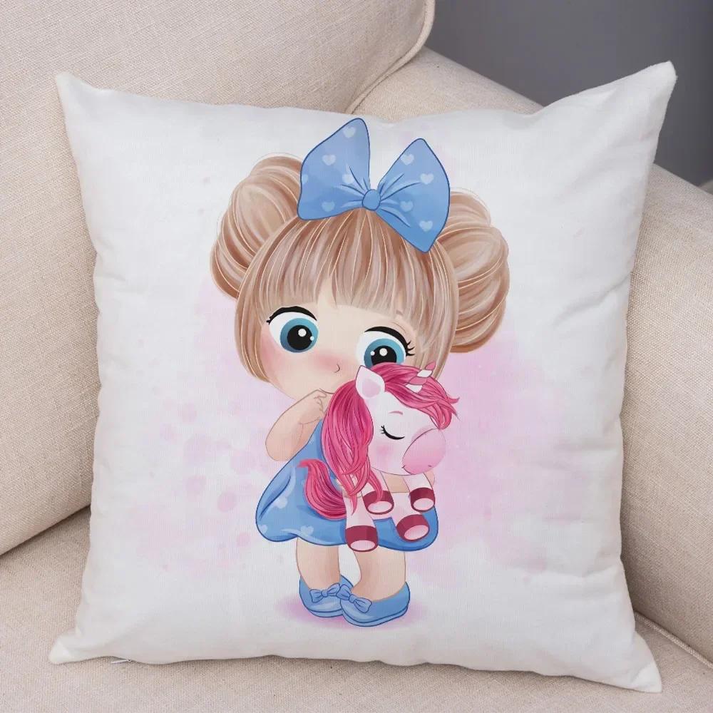 Cute Cartoon Girl and Cat Cushion Cover for Children Room Sofa Home Car Decor Lovely Child Pillow Case Plush Pillowcase 45x45cm