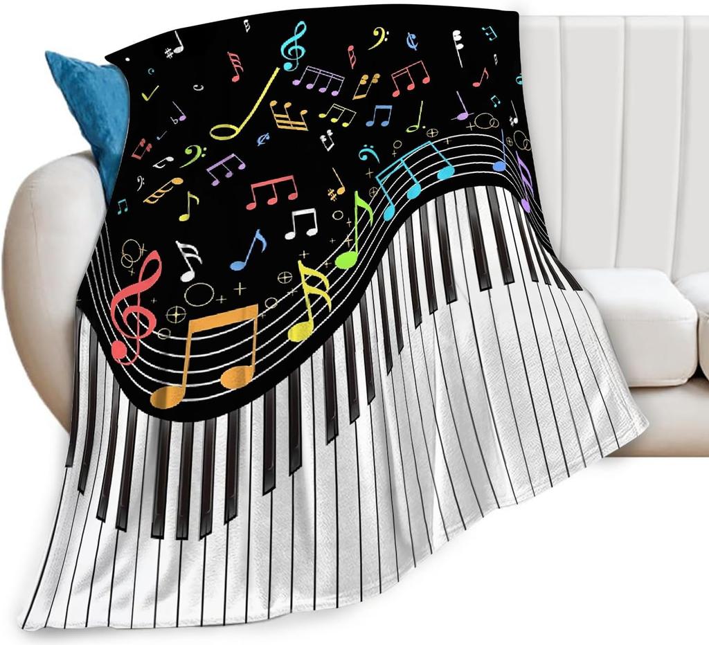 Music Theme Flannel Throw Blanket Piano Pattern Blanket King Queen Full Size for Bed Sofa Couch Music Lover Gift Super Soft Warm
