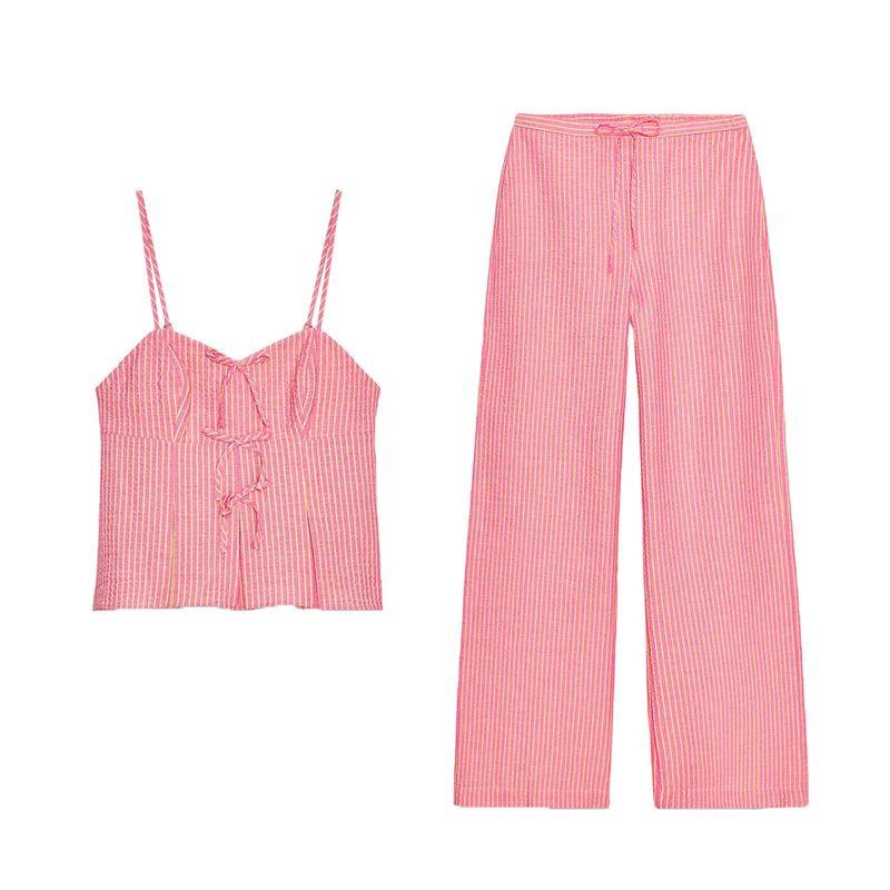 Bowknot Decoration Stripes V-neck Strap Tops 3564108 High Waist Wide Leg Casual Trousers 3564109