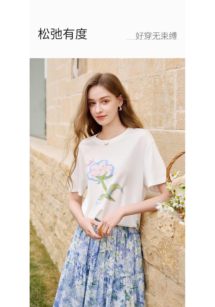 Fragrant Shadow Dopamine Printed White T-shirt for Women, 2026 Summer New Edition, Lyocell Loose Casual Short Sleeve Thin Top