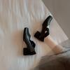 Second Hair! Grape Mother Same Shoes UMA Square Head Polished Retro Cross Strap Cowhide Thick Heel Single Shoes Spring