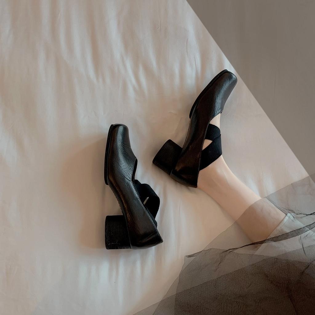 Second Hair! Grape Mother Same Shoes UMA Square Head Polished Retro Cross Strap Cowhide Thick Heel Single Shoes Spring
