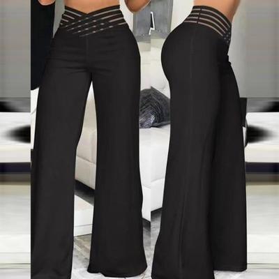 Women Hollow Wide Waistband Long Pants High Waist Solid Color Wide Leg Flared Trousers Yoga Sport Gym Pants
