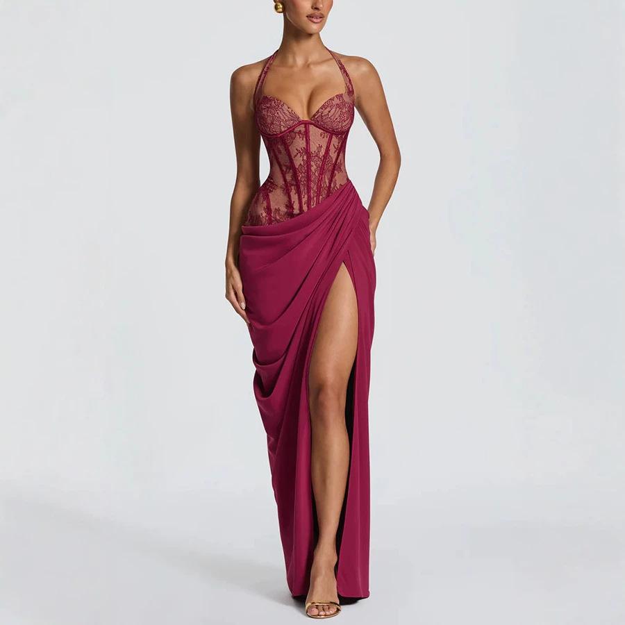 European and American spring and summer new neck strap splicing dress INS holiday party split dress S