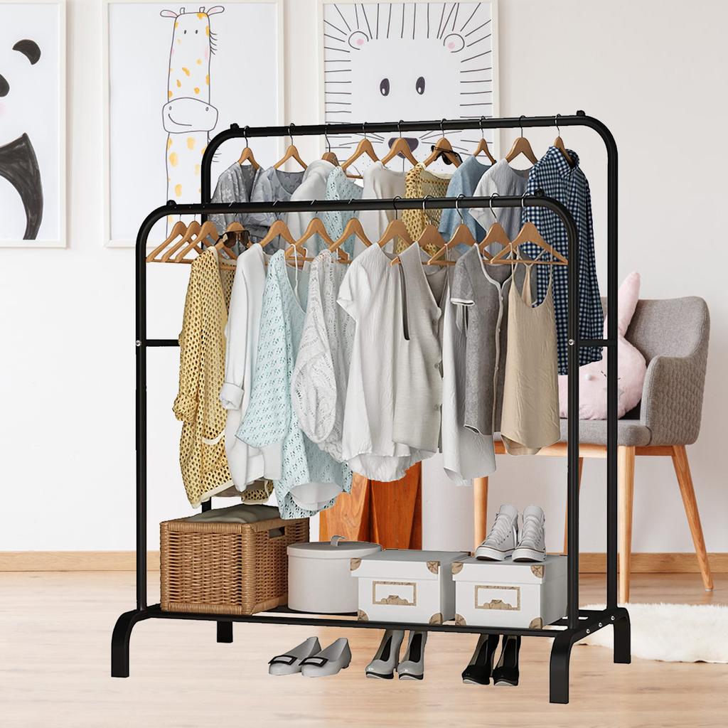Garment Rack Freestanding Hanger Double Pole Multi-functional Bedroom Clothing Rack, Metal Clothing Garment Rack with Shelves, B