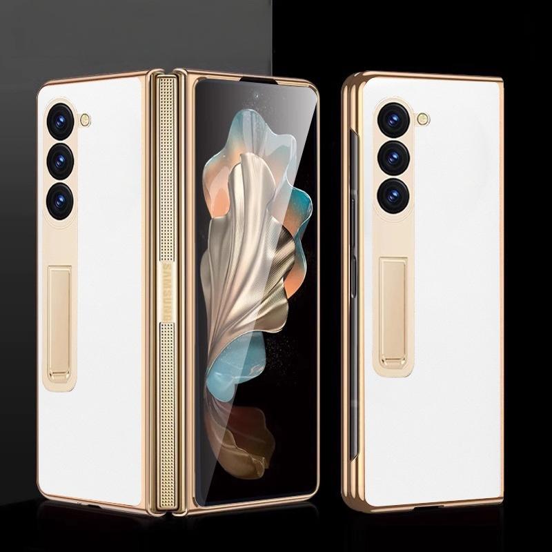 For Samsung Z Fold 7 Phone Case Electroplated Nappa Leather with HD Film Protective Cover Compatible for Samsung Z Fold 6 5 4 3
