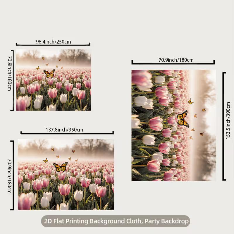 2D Pink Tulip Field Backdrop with Monarch Butterflies Nature Background