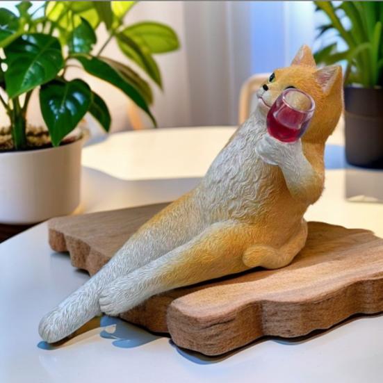 Yousheng Wine Drinking Cat Figurine Resin Holding Wine Glass Sitting Cat Statue Resin Sculpture Home Office Desktop Decoration Ornament