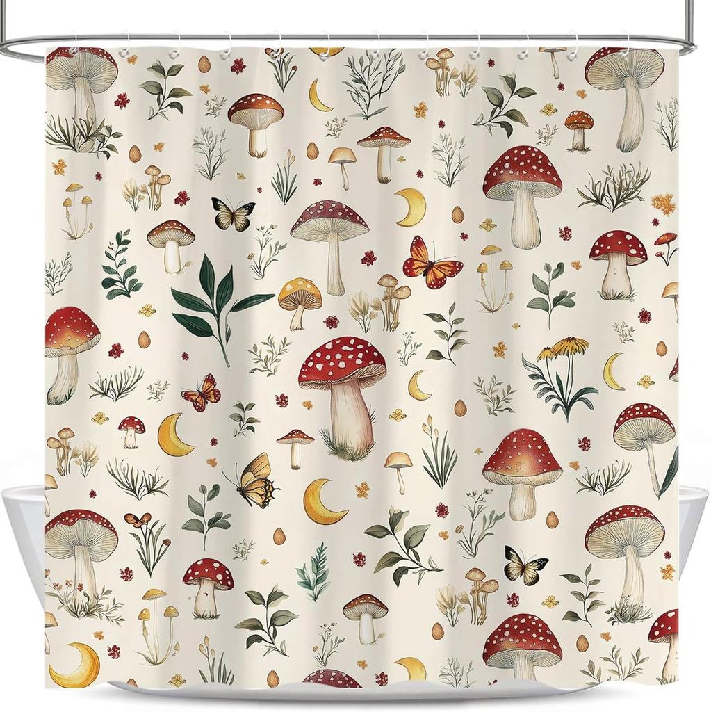 Mushroom Shower Curtain, Cute Funny Nature Botanical Plant Design Bath Curtains for Bathroom, Vintage Flower Butterfly Beige