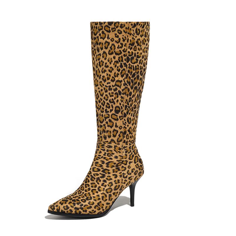 Spitzer Ultrahoher Schlanker Absatz Leopardenmuster Sexy Römerstil Kniehohe Stiefel Atmungsaktiv Innen Reißverschluss Mattes Flockmaterial Stiefel