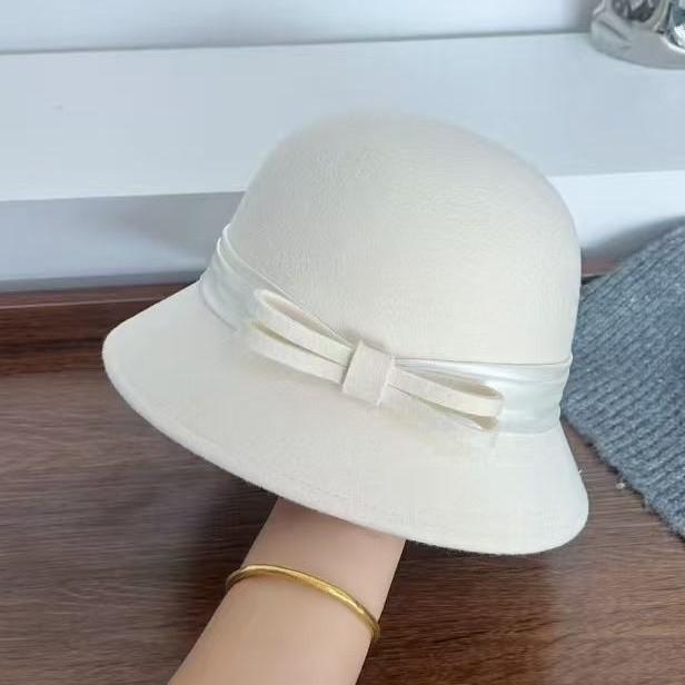 Hepburn Celebrity Style Wool Woolen Small Brim Basin Hat Women's Autumn and Winter Top Hat Simple and Elegant Bow Bucket Hat
