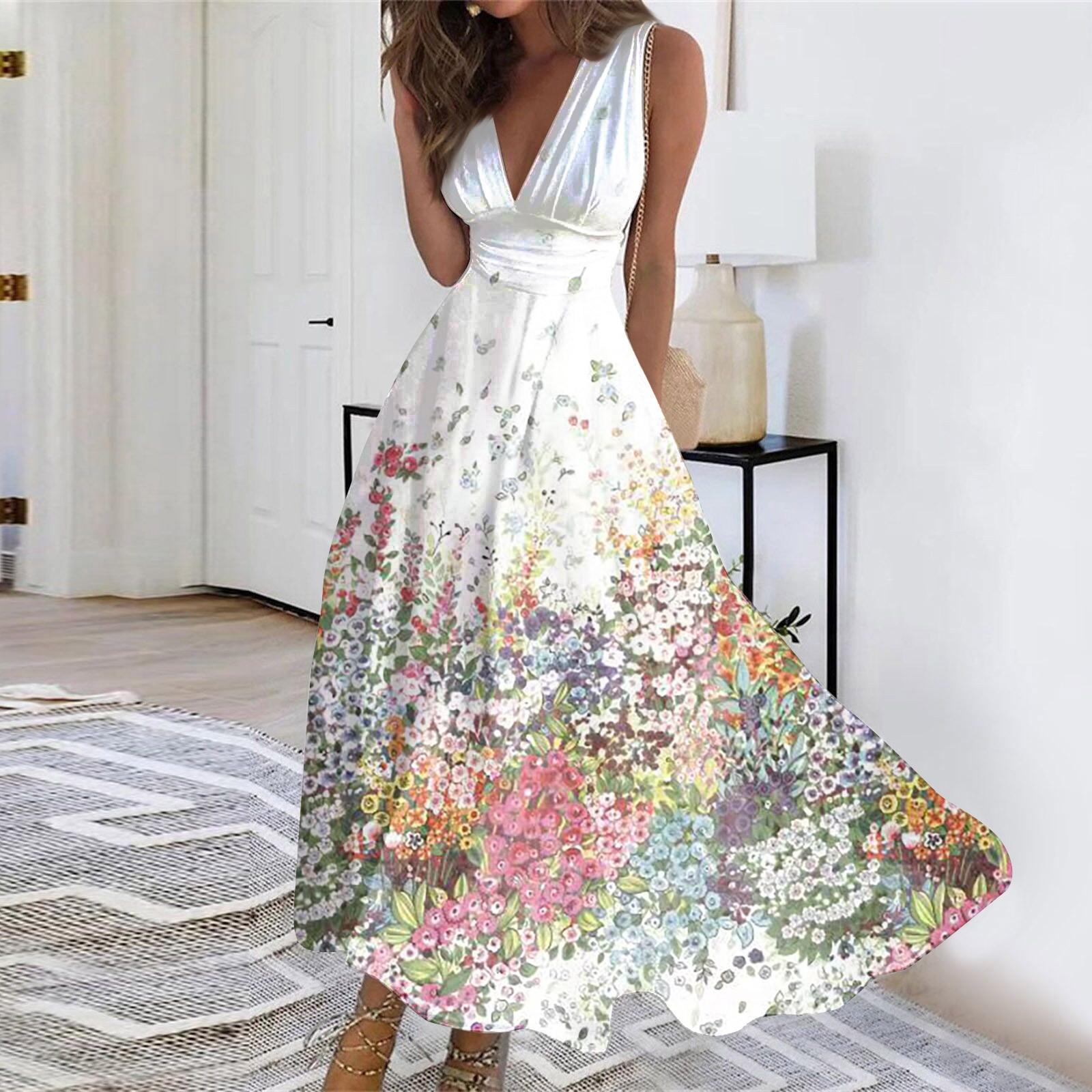 

Женское длинное платье Платье макси Повседневное платье Летнее повседневное платье без рукавов с v-образным вырезом в стиле бохо с талией и принтом L